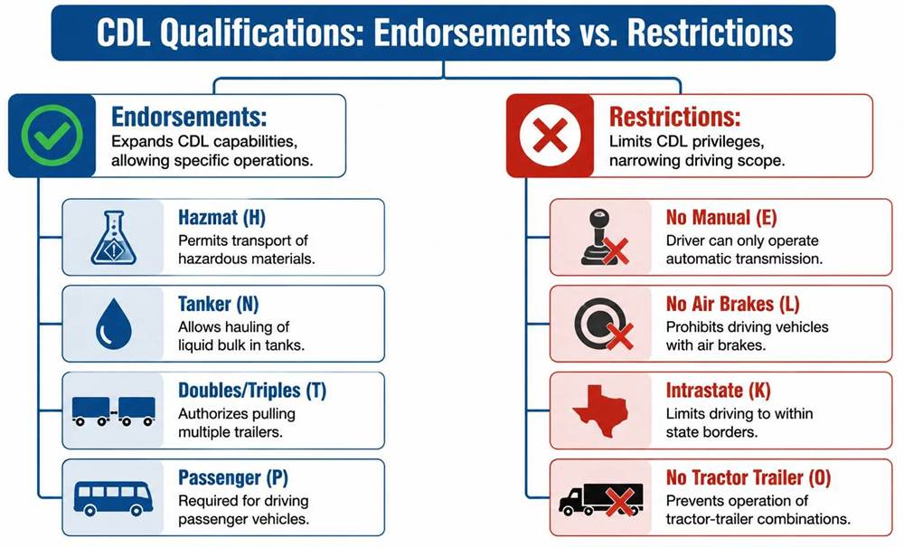 CDL restriction codes quick reference chart showing common restriction letters and meanings